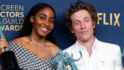 Ayo Edebiri and Jeremy Allen White pose in the press room during the 30th Annual Screen Actors Guild Awards.
