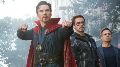 Benedict Cumberbatch, Robert Downey Jr. and Mark Ruffalo in Avengers: Infinity War.
