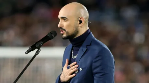 Abel Pintos sings the national anthem of Argentina prior to the FIFA World Cup 2026 Qualifier match between Argentina and Ecuador at Estadio Más Monumental Antonio Vespucio Liberti on September 07, 2023 in Buenos Aires, Argentina.
