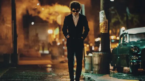 Timothée Chalamet as Bob Dylan in A Complete Unknown.
