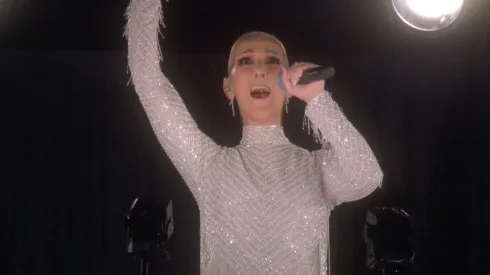 Celine Dion singing at the 2024 Olympic Games.
