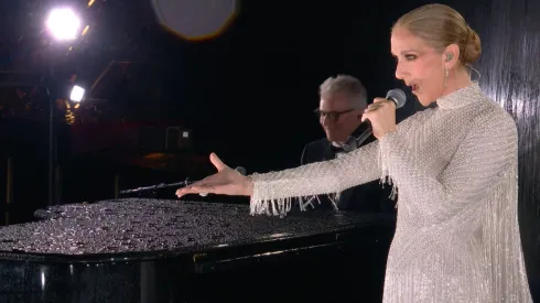 Celine Dion singing at the 2024 Olympic Games.
