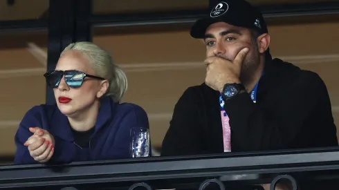 Lady Gaga and Michael Polansky attend the Artistic Gymnastics Women's Qualification on day two of the Olympic Games Paris 2024 at Bercy Arena on July 28, 2024 in Paris, France.
