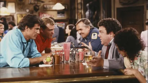 Ted Danson, Woody Harrelson, John Ratzenberger, George Wendt, and Rhea Perlman in "Cheers"
