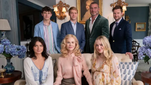 Nicole Kidman, Liev Schreiber, Dakota Fanning, Eve Hewson, Jack Reynor, Billy Howle and Sam Nivola in The Perfect Couple.
