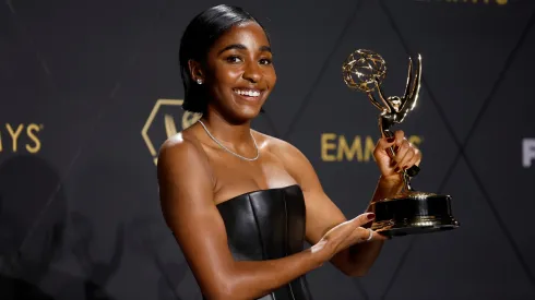 Ayo Edebiri poses in the press room during the 75th Primetime Emmy Awards.
