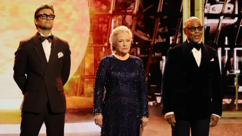 Antony Starr, Kathy Bates and Giancarlo Esposito speak onstage during the 76th Primetime Emmy Awards at Peacock Theater on September 15, 2024.
