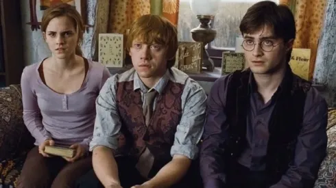 Daniel Radcliffe, Emma Watson and Rupert Grint in Harry Potter.
