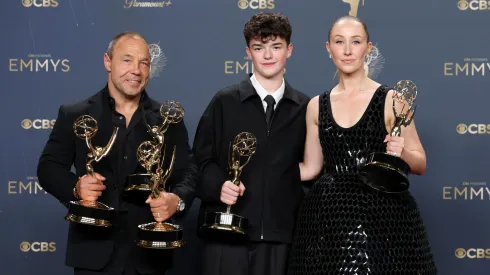 (L-R) Stephen Graham, Owen Cooper, and Erin Doherty, winners of Outstanding Limited or Anthology Series, Lead Actor in a Limited or Anthology Series or Movie, Outstanding Supporting Actor in a Limited or Anthology Series or Movie, Outstanding Supporting Actress in a Limited or Anthology Series or Movie, and Outstanding Writing for a Limited or Anthology Series or Movie for "Adolescence," pose in the press room during the 77th Primetime Emmy Awards at Peacock Theater on September 14, 2025 in Los Angeles, California. 
