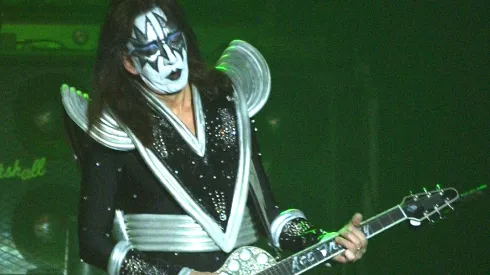 Kiss guitarist Ace Frehley plays during the Lane Bryant Lingerie Fashion Show February 5, 2002 in New York City. (Photo by George De Sota/Getty Image)
