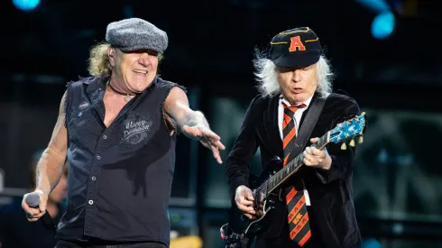 Brian Johnson and Angus Young of AC/DC perform onstage.
