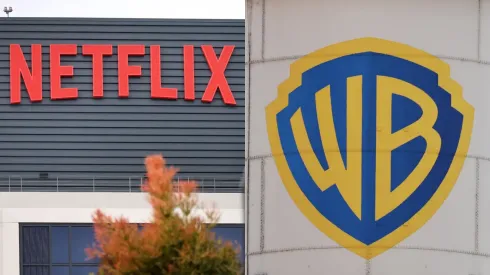 The Netflix logo is displayed at Netflix offices – The Warner Bros. logo is displayed on a water tower at Warner Bros. Studio.