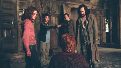 (L-r) EMMA WATSON as Hermione Granger, DANIEL RADCLIFFE as Harry Potter, DAVID THEWLIS as Professor Lupin (background), GARY OLDMAN as Sirius Black and RUPERT GRINT as Ron Weasley (back to                   camera) in Warner Bros. PicturesÕ fantasy ÒHarry Potter and the Prisoner of  Azkaban.Ó  Photo by Murray Close.
PHOTOGRAPHS TO BE USED SOLELY FOR ADVERTISING, PROMOTION, PUBLICITY OR REVIEWS OF THIS SPECIFIC MOTION PICTURE AND TO REMAIN THE PROPERTY OF THE STUDIO. NOT FOR SALE OR REDISTRIBUTION.
