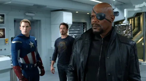 “Marvel's The Avengers”
L to R: Captain America (Chris Evans), Tony Stark (Robert Downey Jr.) and Nick Fury (Samuel L. Jackson)
Ph: Film Frame 
© 2011 MVLFFLLC.  TM & © 2011 Marvel.  All Rights Reserved.
