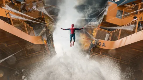 Spider-Man struggles to pull the ferry together in Columbia Pictures' SPIDER-MAN™: HOMECOMING.
