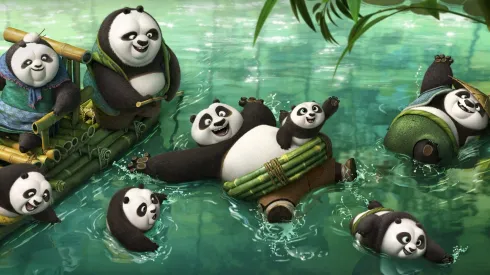 Po (voiced by Jack Black) frolicking in the panda village's hot spring in DreamWorks Animation's KUNG FU PANDA 3.
