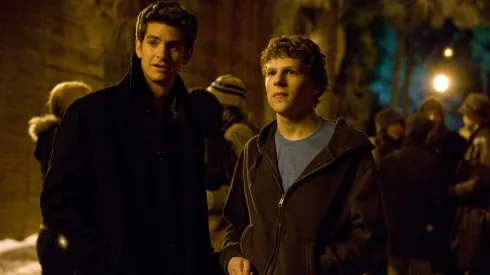 Andrew Garfield, left, and Jesse Eisenberg stars as "Mark Zuckerberg" in Columbia Pictures' THE SOCIAL NETWORK.
