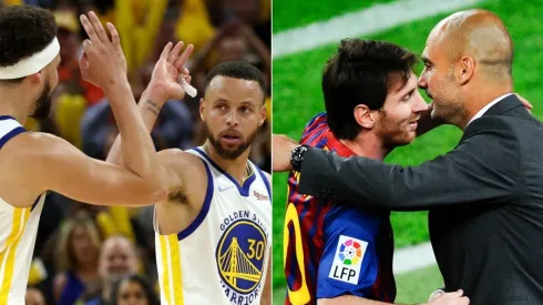 Klay Thompson y Stephen Curry de un lado, Lionel Messi y Pep Guardiola del otro.
