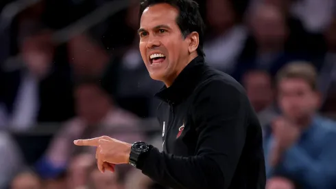 NEW YORK, NEW YORK – MAY 10: Head Coach Erik Spoelstra of the Miami Heat reacts against the New York Knicks during the second quarter in game five of the Eastern Conference Semifinals in the 2023 NBA Playoffs at Madison Square Garden on May 10, 2023 in New York City. NOTE TO USER: User expressly acknowledges and agrees that, by downloading and or using this photograph, User is consenting to the terms and conditions of the Getty Images License Agreement. (Photo by Elsa/Getty Images)
