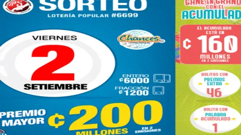 ◉ Chances de Costa Rica de HOY: sorteo, resultados y números ganadores del viernes 2 de septiembre | Lotería Costa Rica Premio Mayor ¢200 millones.
