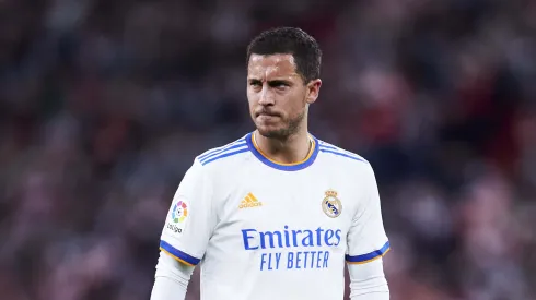 BILBAO, SPAIN – DECEMBER 22: Eden Hazard of Real Madrid reacts during the LaLiga Santander match between Athletic Club and Real Madrid CF at San Mames Stadium on December 22, 2021 in Bilbao, Spain. (Photo by Juan Manuel Serrano Arce/Getty Images)
