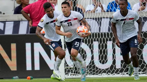 Cuba's Luis Paradela (23) carries the ball after scoring on a penalty kick against Canada during the first half of a CONCACAF Gold Cup soccer match Tuesday, July 4, 2023, in Houston. (AP Photo/David J. Phillip)
