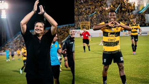 Jeaustin Campos y Dixon Ramírez festejan tras la victoria ante Olimpia.
