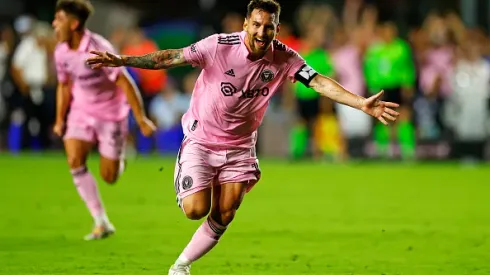 FORT LAUDERDALE, FLORIDA – JULY 21: Lionel Messi #10 of Inter Miami CF celebrates after kicking the game winning goal during the second half of the Leagues Cup 2023 match between Cruz Azul and Inter Miami CF at DRV PNK Stadium on July 21, 2023 in Fort Lauderdale, Florida. (Photo by Mike Ehrmann/Getty Images)
