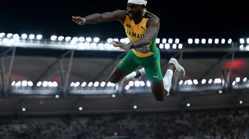 BUDAPEST, HUNGARY – AUGUST 24: Carey McLeod of Team Jamaica falls in the Men's Long Jump Final during day six of the World Athletics Championships Budapest 2023 at National Athletics Centre on August 24, 2023 in Budapest, Hungary. (Photo by Hannah Peters/Getty Images)
