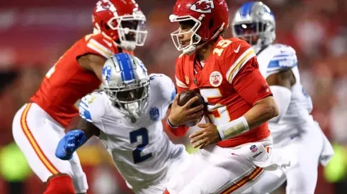 KANSAS CITY, MO – SEPTEMBER 7: Patrick Mahomes #15 of the Kansas City Chiefs carries the ball during the second quarter of an NFL football game against the Detroit Lions at GEHA Field at Arrowhead Stadium on September 7, 2023 in Kansas City, Missouri. (Photo by Kevin Sabitus/Getty Images)
