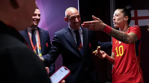 SYDNEY, AUSTRALIA – AUGUST 20: Jennifer Hermoso and Spanish FA president Luis Rubiales talk in the tunnel following victory after the FIFA Women's World Cup Australia & New Zealand 2023 Final match between Spain and England at Stadium Australia on August 20, 2023 in Sydney, Australia. (Photo by Maja Hitij – FIFA/FIFA via Getty Images)
