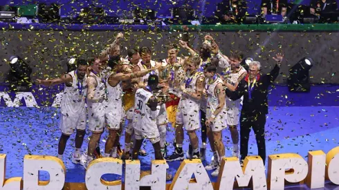 MANILA, PHILIPPINES – SEPTEMBER 10:  The German Mens National team celebrates after the game  in the Gold Medal game as part of the 2023 FIBA World Cup on September 10, 2023 at Mall of Asia Arena in Manila, Philippines. NOTE TO USER: User expressly acknowledges and agrees that, by downloading and/or using this photograph, user is consenting to the terms and conditions of the Getty Images License Agreement. Mandatory Copyright Notice: Copyright 2023 NBAE (Photo by Stephen Gosling/NBAE via Getty Images)
