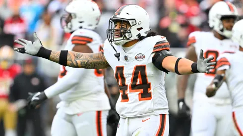 CLEVELAND, OHIO – OCTOBER 15: Sione Takitaki #44 of the Cleveland Browns reacts after a defensive stop during the third quarter against the Cleveland Browns at Cleveland Browns Stadium on October 15, 2023 in Cleveland, Ohio. (Photo by Jason Miller/Getty Images)
