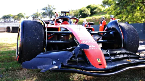 SAO PAULO, BRAZIL – NOVEMBER 05: The broken car of Charles Leclerc of Monaco and Ferrari is pictured after he crashed out of the race on the formation lap during the F1 Grand Prix of Brazil at Autodromo Jose Carlos Pace on November 05, 2023 in Sao Paulo, Brazil. (Photo by Buda Mendes/Getty Images)
