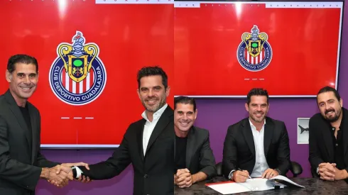 Fernando Hierro, director deportivo de Chivas, Amaury Vergara, dueño del club y Fernando Gago nuevo DT del Rebaño Sagrado. Foto: Chivas
