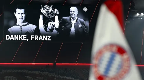 MUNICH, GERMANY – JANUARY 12: A general view inside the stadium whilst a memorial image is displayed on the scoreboard after the passing of former German football player and manager, Franz Beckenbauer, prior to the Bundesliga match between FC Bayern München and TSG Hoffenheim at Allianz Arena on January 12, 2024 in Munich, Germany. (Photo by Sebastian Widmann/Getty Images)
