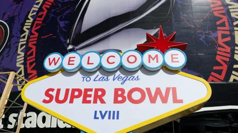 LAS VEGAS, NEVADA – FEBRUARY 07: Super Bowl LVIII signage is seen outside of Allegiant Stadium on February 07, 2024 in Las Vegas, Nevada. (Photo by Rob Carr/Getty Images)
