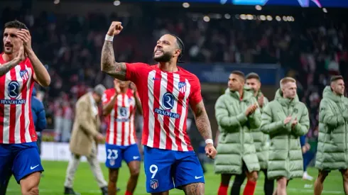 MADRID, SPAIN – MARCH 13: Memphis Depay of Atletico Madrid seen celebrating the victory of his team at the end of the UEFA Champions League 2023/24 round of 16 second leg match between Atletico de Madrid and FC Internazionale at Civitas Metropolitano Stadium on March 13, 2024 in Madrid, Spain.(Photo by Alberto Gardin/Eurasia Sport Images/Getty Images)
