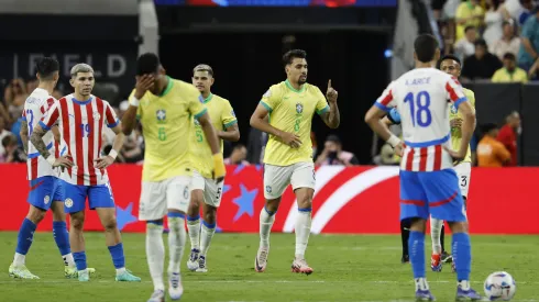 LAS VEGAS, NEVADA – JUNE 28: Lucas Paqueta of Brazil celebrates after scoring the team's fourth goal via penalty during the CONMEBOL Copa America 2024 Group D match between Paraguay and Brazil at Allegiant Stadium on June 28, 2024 in Las Vegas, Nevada. (Photo by Kevork Djansezian/Getty Images)
