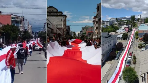 Los hinchas de River y otra bandera gigante en la Patagonia argentina.
