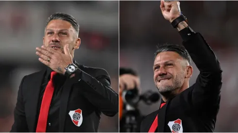 El técnico festejando al final, de cara al palco donde estaban sus familiares.