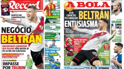 Lucas Beltrán apareció en la portada de todos los diarios deportivos principales de Portugal
