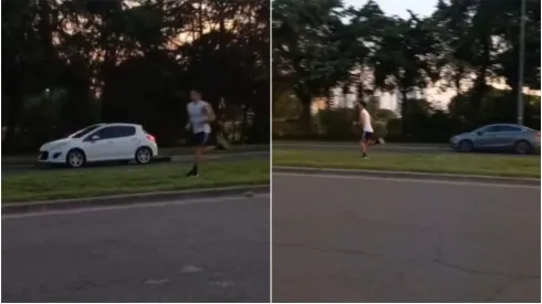 El jugador de River Rodrigo Villagra se entrena por su cuenta al costado de una ruta mientras espera la resolución de su venta al grupo Foster Gillett.