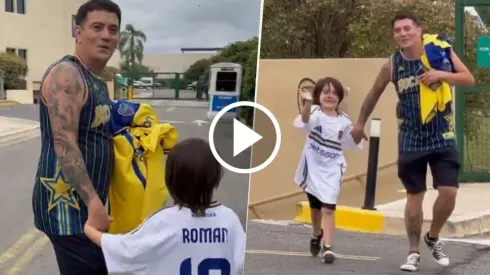 Riquelme y un lindo momento con dos hinchas de Boca.
