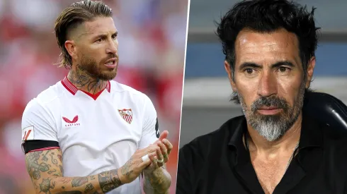 Sergio Ramos en Sevilla y Eduardo Domínguez, entrenador de Estudiantes
