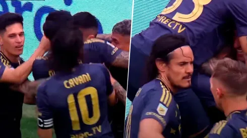 El gesto de Paredes y Cavani con Aguirre en el festejo de gol.
