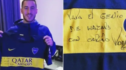 Hazard recibe la camiseta de Boca autografiada por Riquelme
