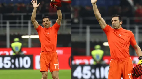 Buffon saluda al público con la camiseta del Milan en la mano
