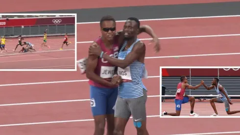 Isaiah Jewett de Estados Unidos y Nijel Amos de Botswana se abrazan en la pista
