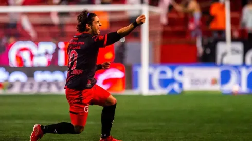 Joaquín Montecinos celebra el gol que le convirtió al América de México. Fue uno de los tres tantos que ha anotado en el Xolos de Tijuana.
